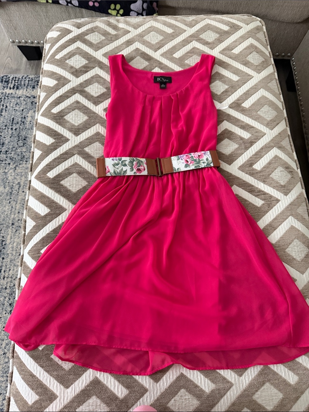 BCX Bright Pink Chiffon Sleeveless Dress with Floral Belt